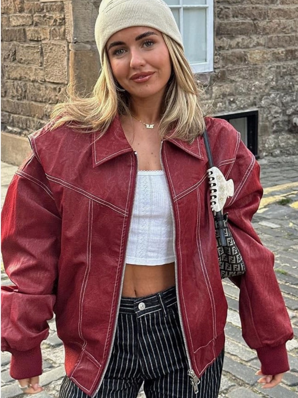 Women’s Oversized Faux Leather Motorcycle Jacket - Red